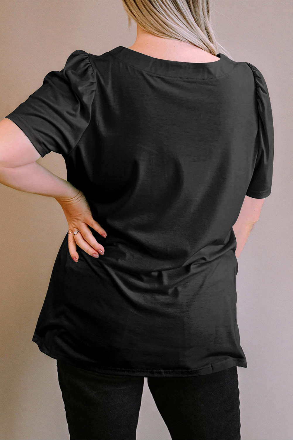 Black Plus Size Square Neck Tee, Casual Short Sleeve Shirt - Detail View 2 Black Plus Size Square Neck Tee, Casual Short Sleeve Shirt - Detail View 2