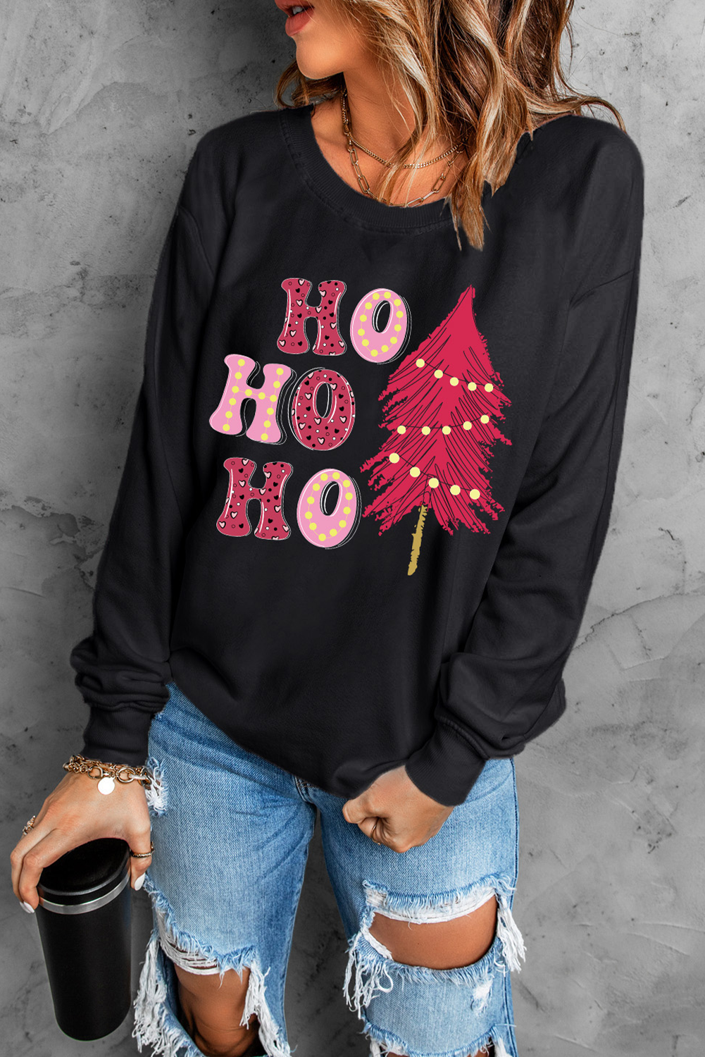 Cozy and Festive Black Sweatshirt with HO HO HO Christmas Tree Print - Detail View 6 Cozy and Festive Black Sweatshirt with HO HO HO Christmas Tree Print - Detail View 6