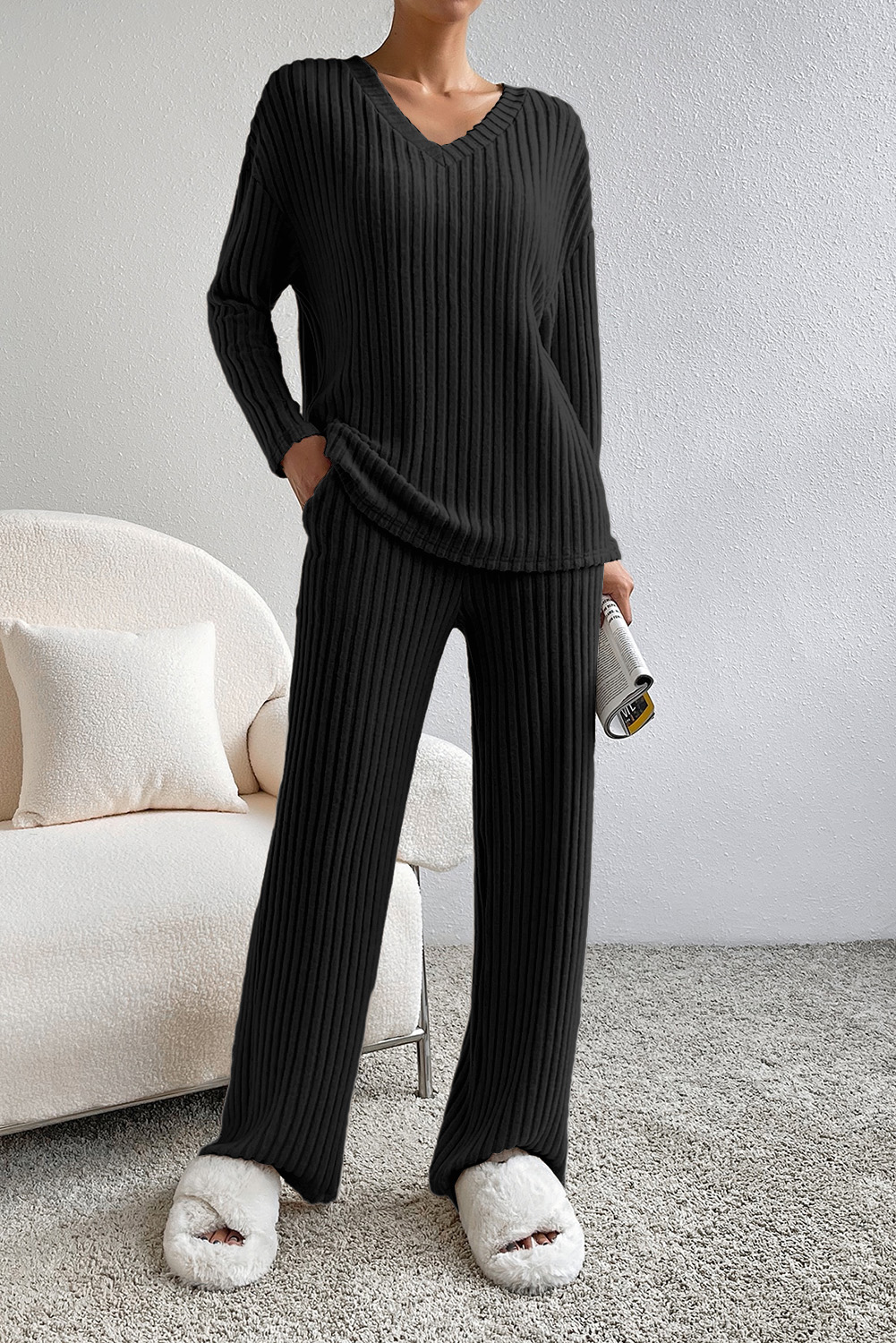 Women's Ribbed Knit Two Piece Set, Casual V Neck Lounge Outfit - Detail View 7 Women's Ribbed Knit Two Piece Set, Casual V Neck Lounge Outfit - Detail View 7