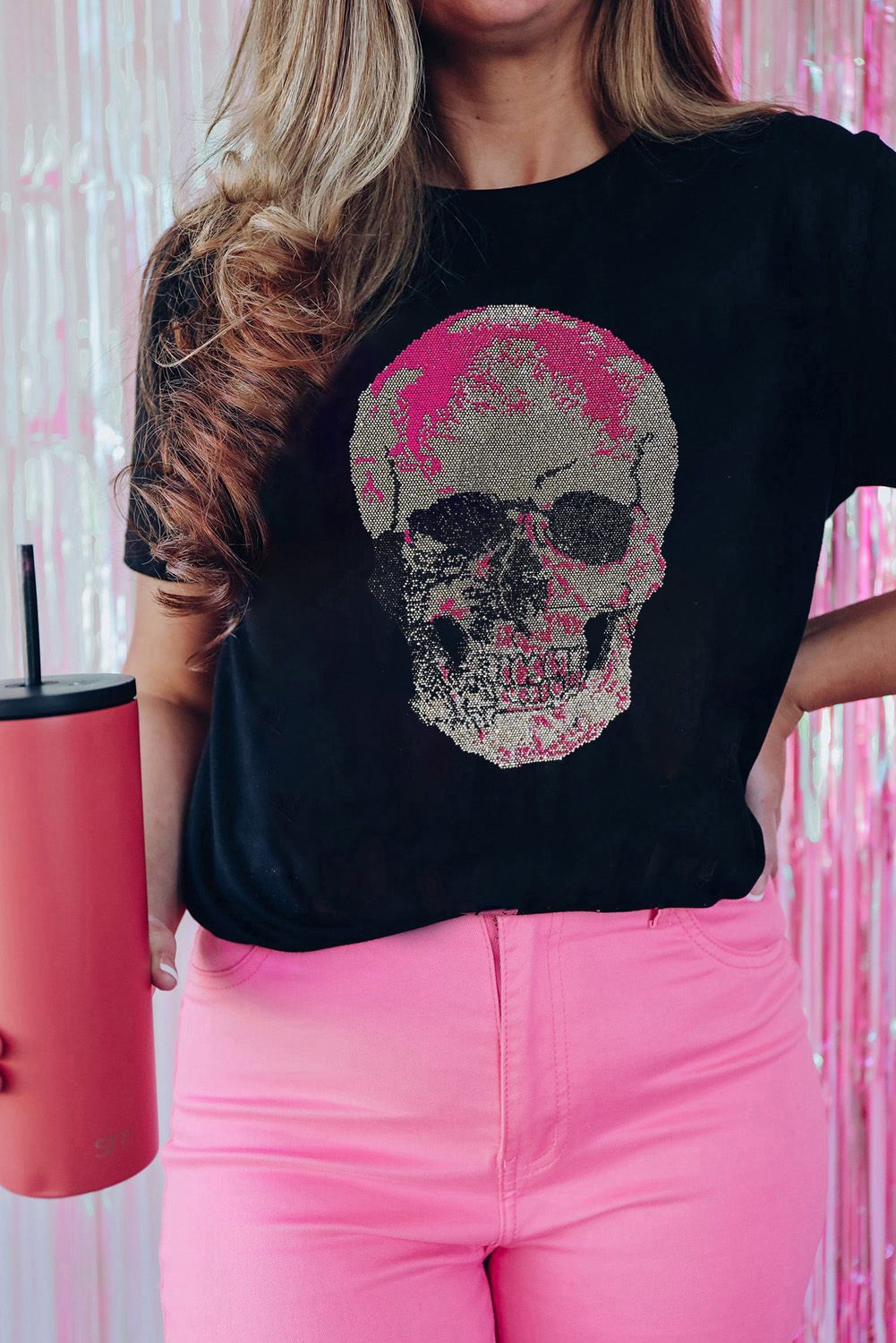 Edgy Skull Graphic Tee with Rhinestones - Black Crew Neck - Detail View 2 Edgy Skull Graphic Tee with Rhinestones - Black Crew Neck - Detail View 2