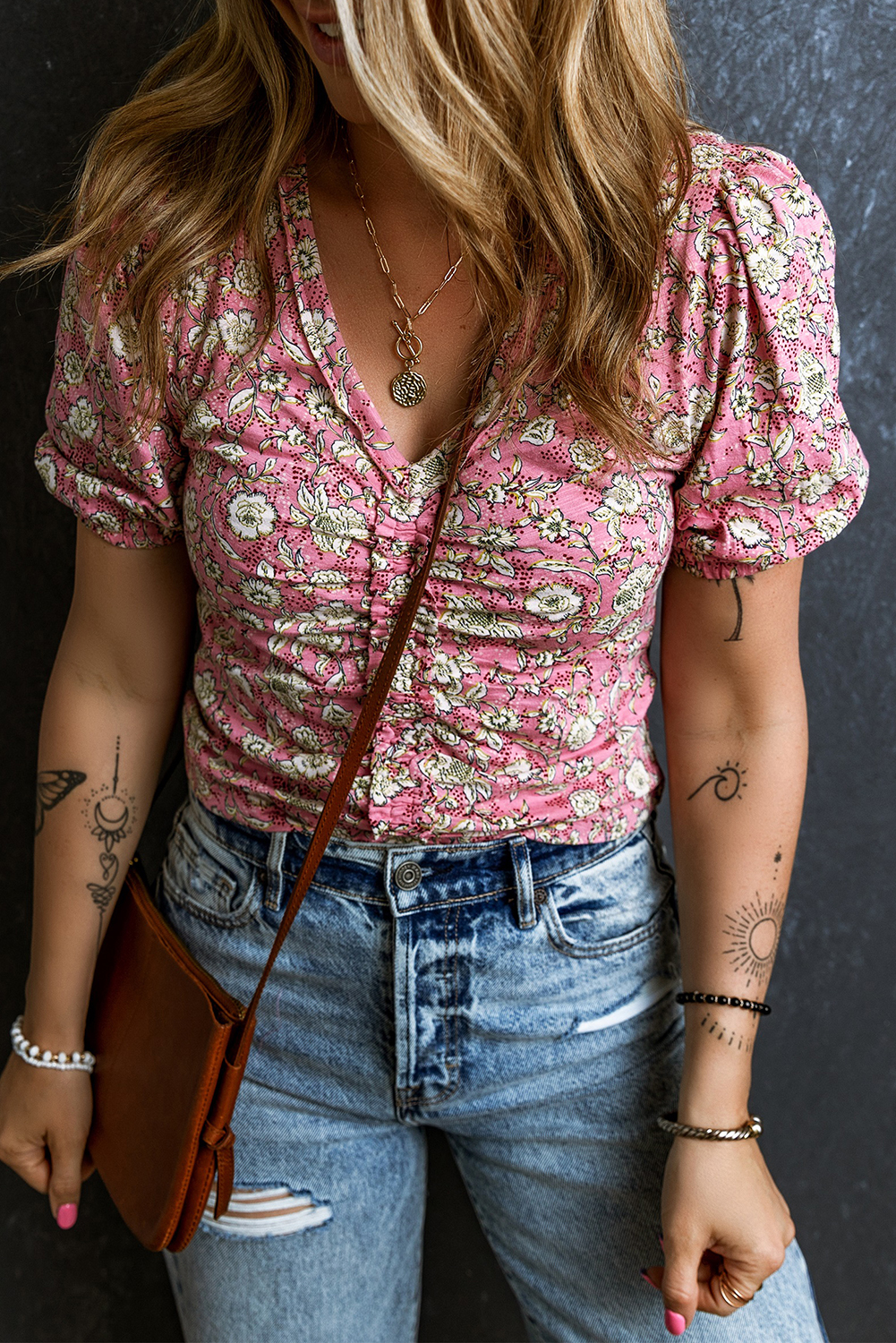 Women's Pink Floral Blouse, V Neck Short Puff Sleeve Top - Detail View 4 Women's Pink Floral Blouse, V Neck Short Puff Sleeve Top - Detail View 4