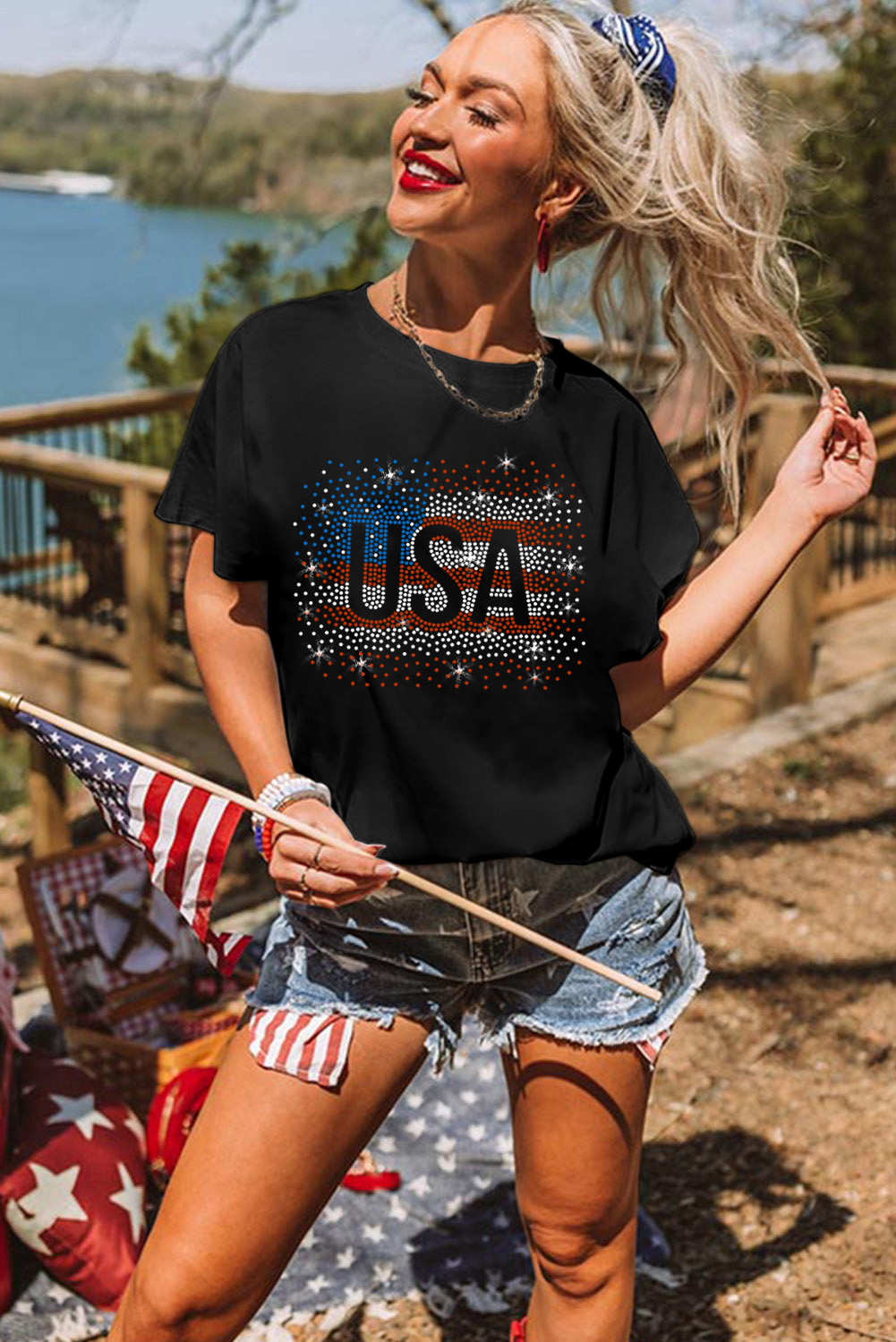 Sparkling Rhinestone Graphic Tee - Casual Crew Neck, Short Sleeves - Detail View 3 Sparkling Rhinestone Graphic Tee - Casual Crew Neck, Short Sleeves - Detail View 3