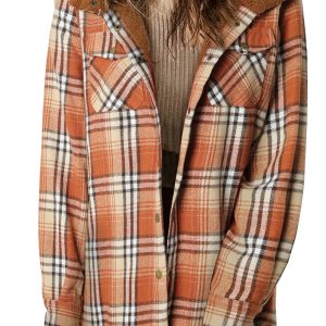 Women's Orange Plaid Shacket, Sherpa Lined Hooded Jacket - Main View