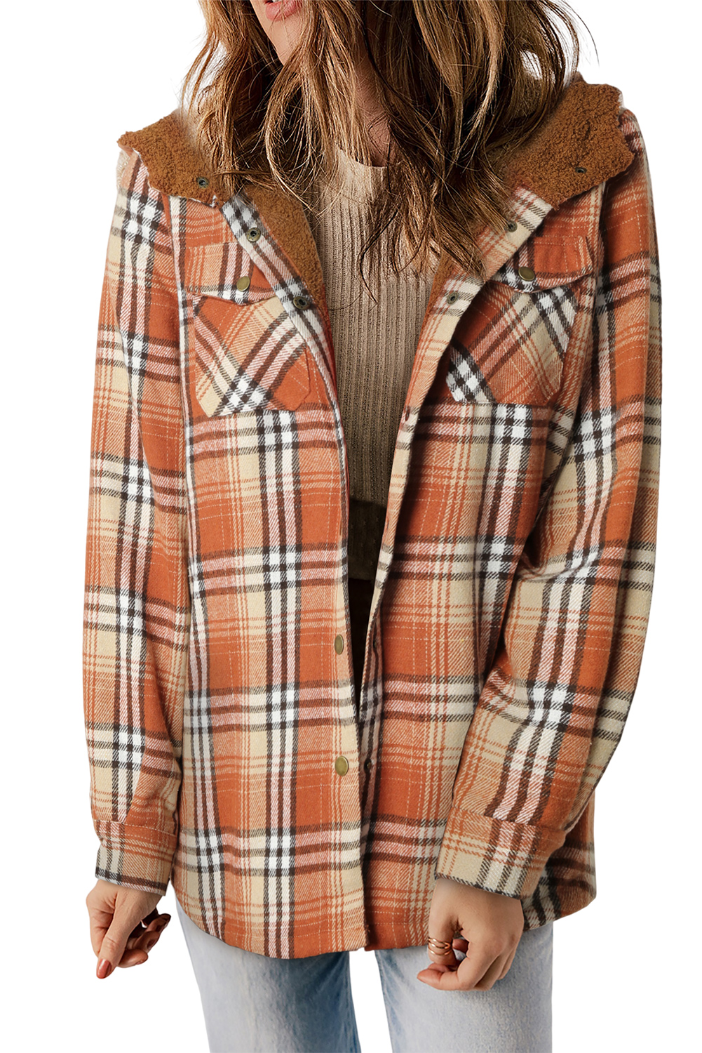 Women's Orange Plaid Shacket, Sherpa Lined Hooded Jacket - Main View Women's Orange Plaid Shacket, Sherpa Lined Hooded Jacket - Main View