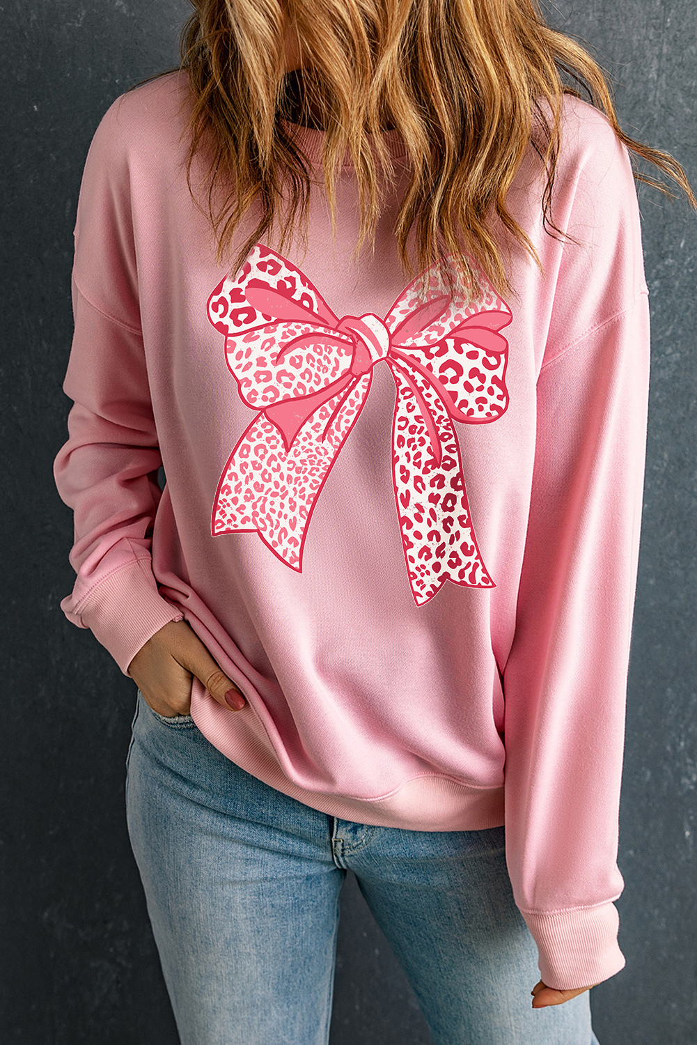 Casual Comfort: Women's Pink Leopard Crewneck Sweatshirt - Detail View 3 Casual Comfort: Women's Pink Leopard Crewneck Sweatshirt - Detail View 3