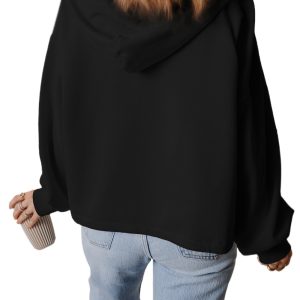 Women's Black Fleece Lined Half Zip Kangaroo Pockets Hoodie - Main View