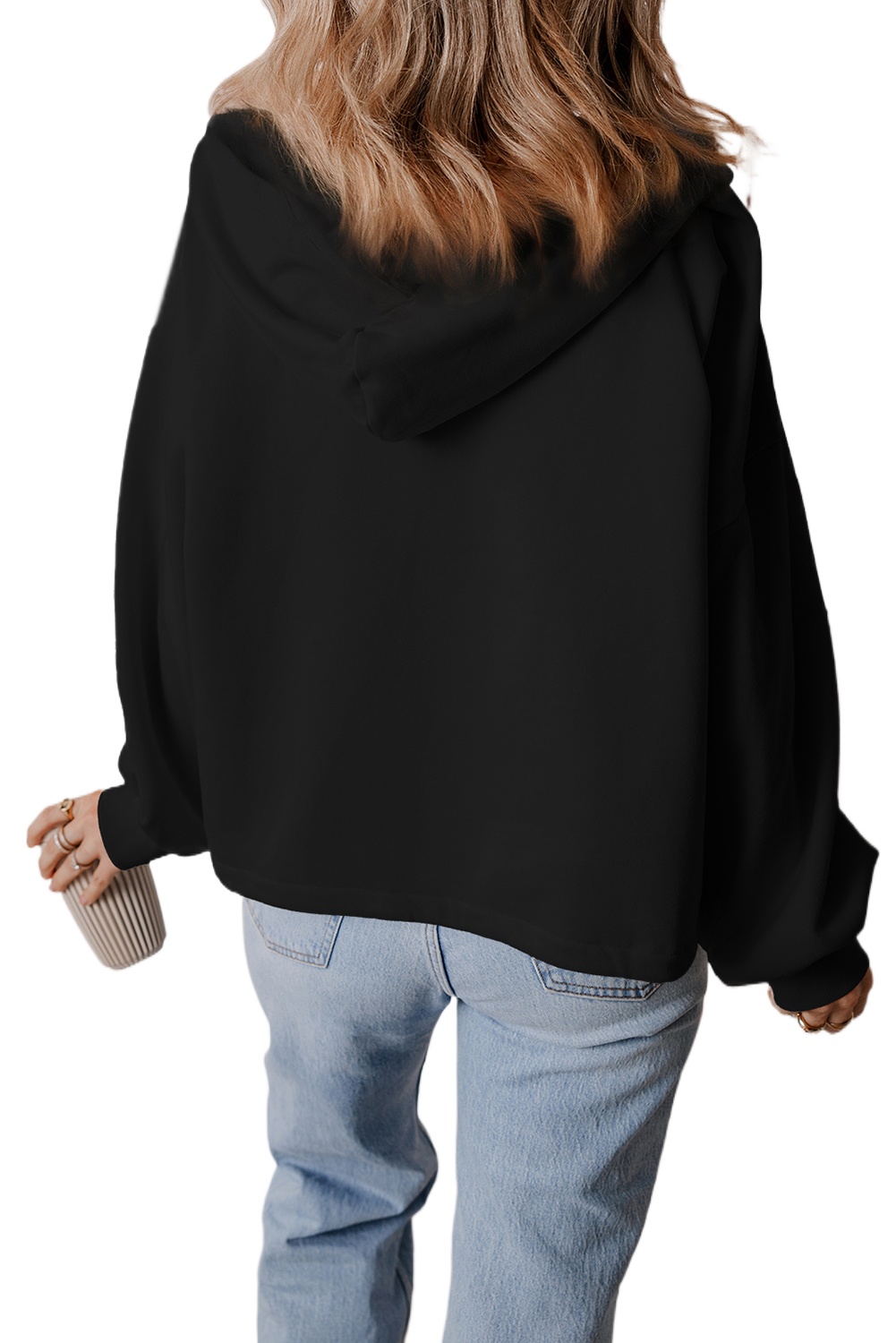 Women's Black Fleece Lined Half Zip Kangaroo Pockets Hoodie - Main View Women's Black Fleece Lined Half Zip Kangaroo Pockets Hoodie - Main View