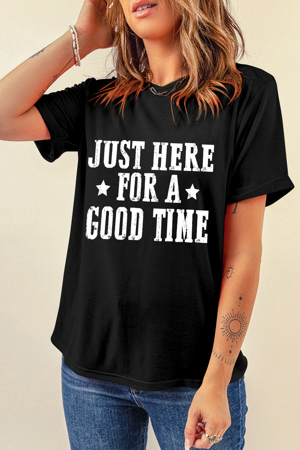 Casual Black Graphic Tee: Short Sleeve Round Neck T-Shirt - Detail View 7 Casual Black Graphic Tee: Short Sleeve Round Neck T-Shirt - Detail View 7