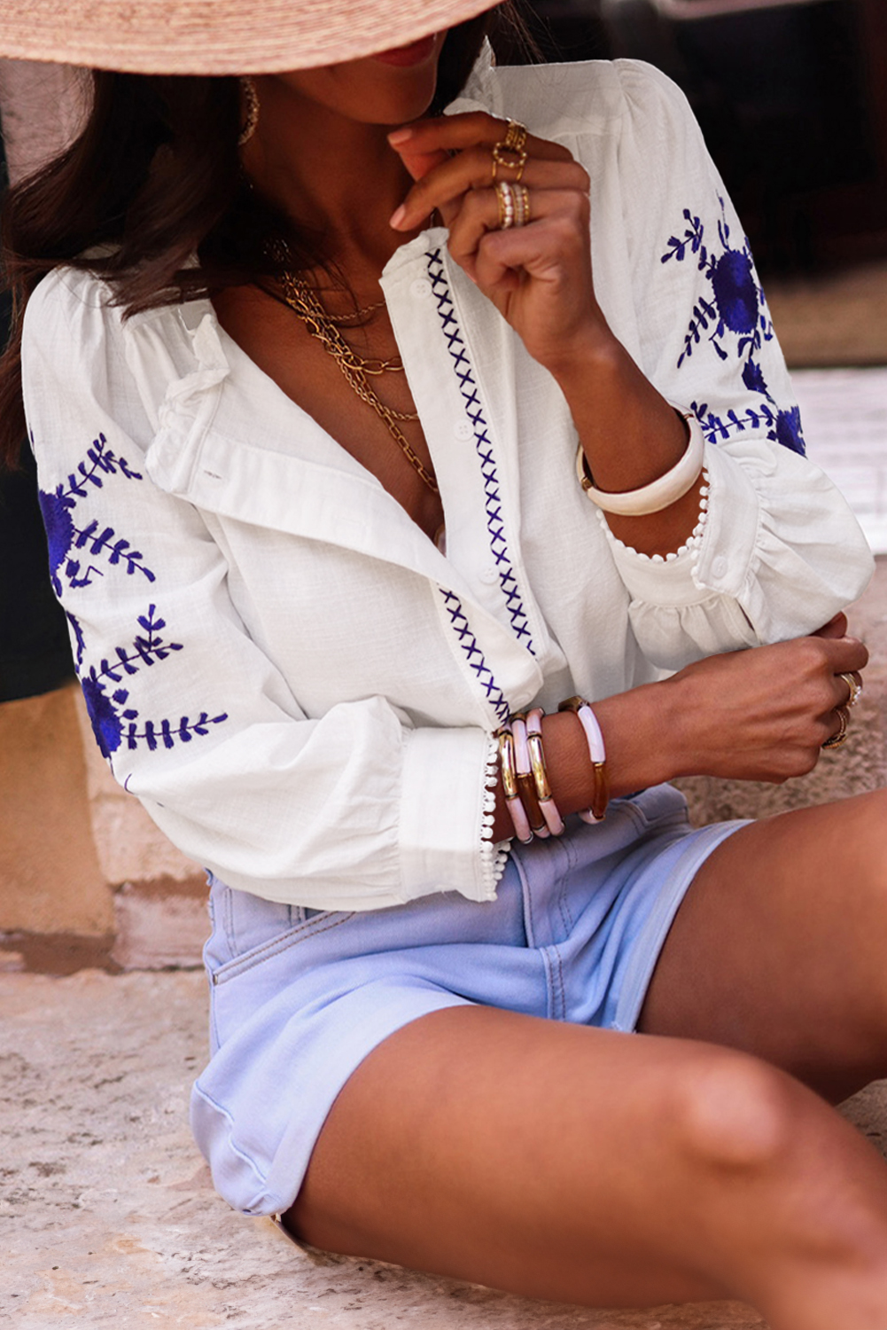 Long Sleeve Embroidered Blouse - White Floral Pattern - Detail View 2 Long Sleeve Embroidered Blouse - White Floral Pattern - Detail View 2
