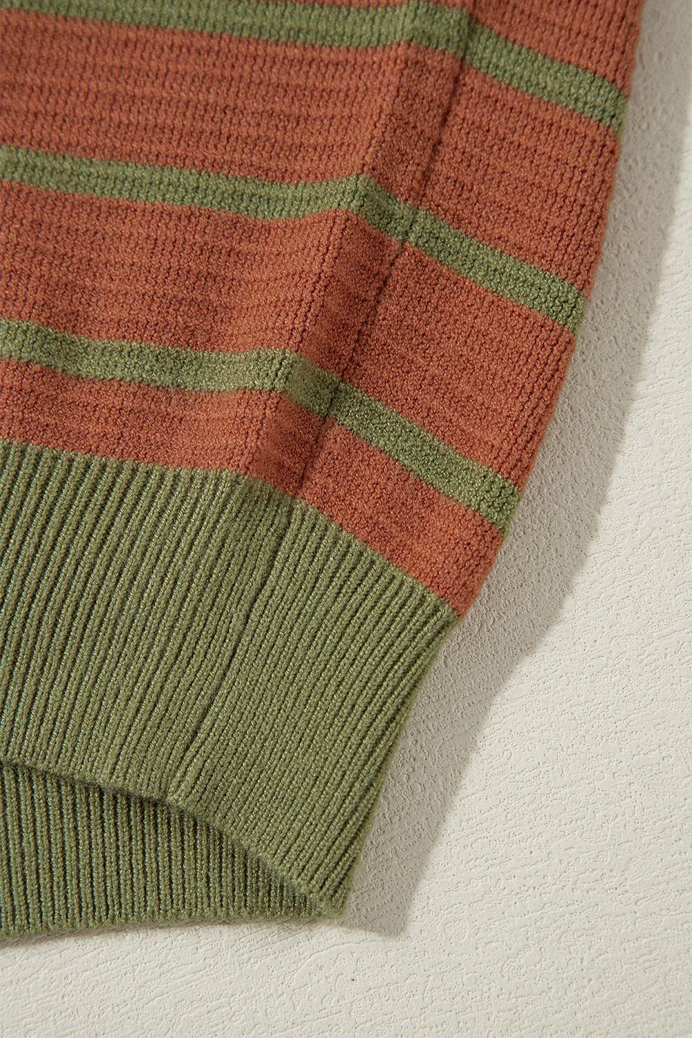 Women's Brown Stripe Trimmed Round Neck Drop Shoulder Loose Sweater - Detail View 11 Women's Brown Stripe Trimmed Round Neck Drop Shoulder Loose Sweater - Detail View 11