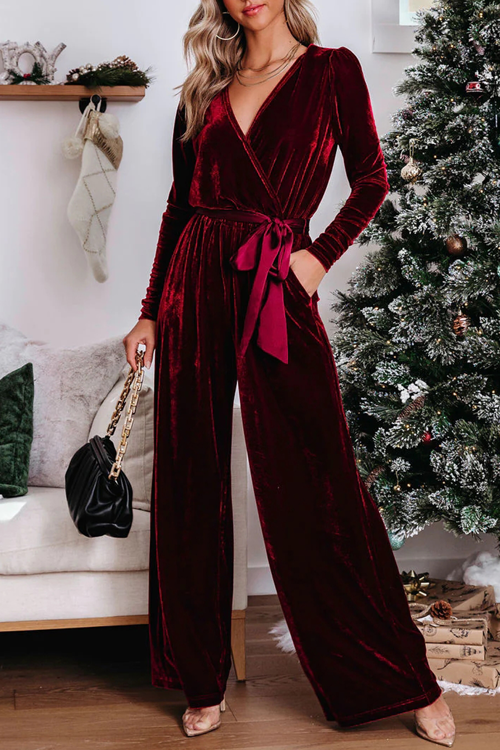 Vintage Style Red Velvet Jumpsuit, V Neck Fall Evening Wear - Detail View 2 Vintage Style Red Velvet Jumpsuit, V Neck Fall Evening Wear - Detail View 2