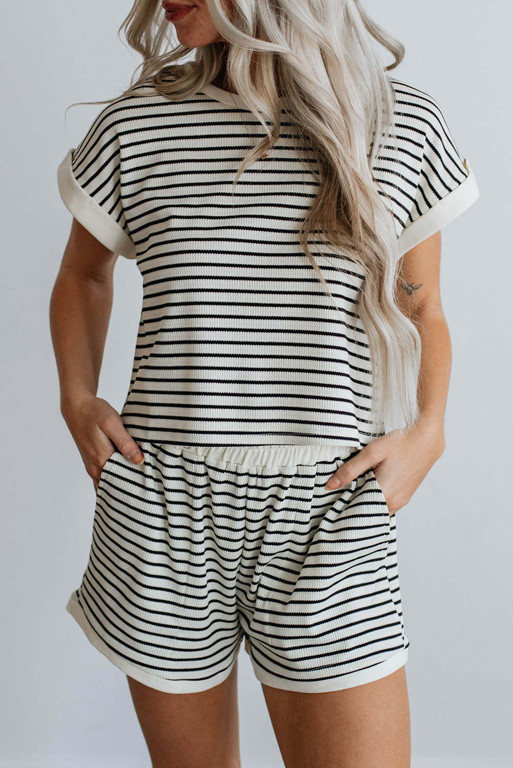 Women's Striped Shorts Set, Casual Ribbed Tee and Short Loungewear - Detail View 7 Women's Striped Shorts Set, Casual Ribbed Tee and Short Loungewear - Detail View 7