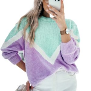 Women's Green Chevron Colorblock Ribbed Knit Sweater - Main View