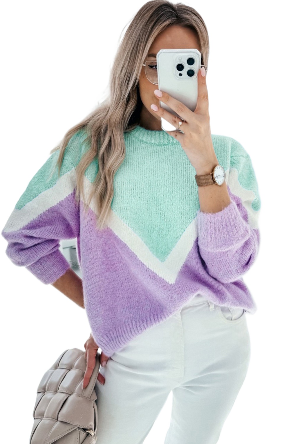 Women's Green Chevron Colorblock Ribbed Knit Sweater - Main View Women's Green Chevron Colorblock Ribbed Knit Sweater - Main View