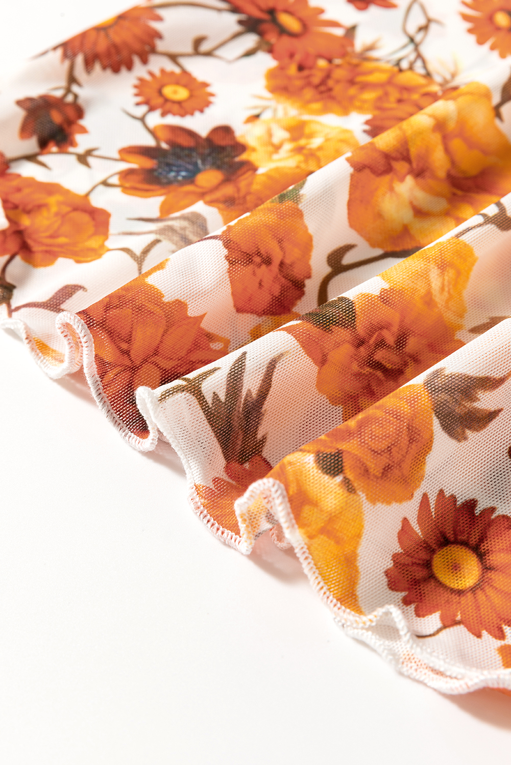 Elegant Orange Floral Blouse - Long Bell Sleeves, Mock Neck Style, Scallop Trim Details - Detail View 14 Elegant Orange Floral Blouse - Long Bell Sleeves, Mock Neck Style, Scallop Trim Details - Detail View 14