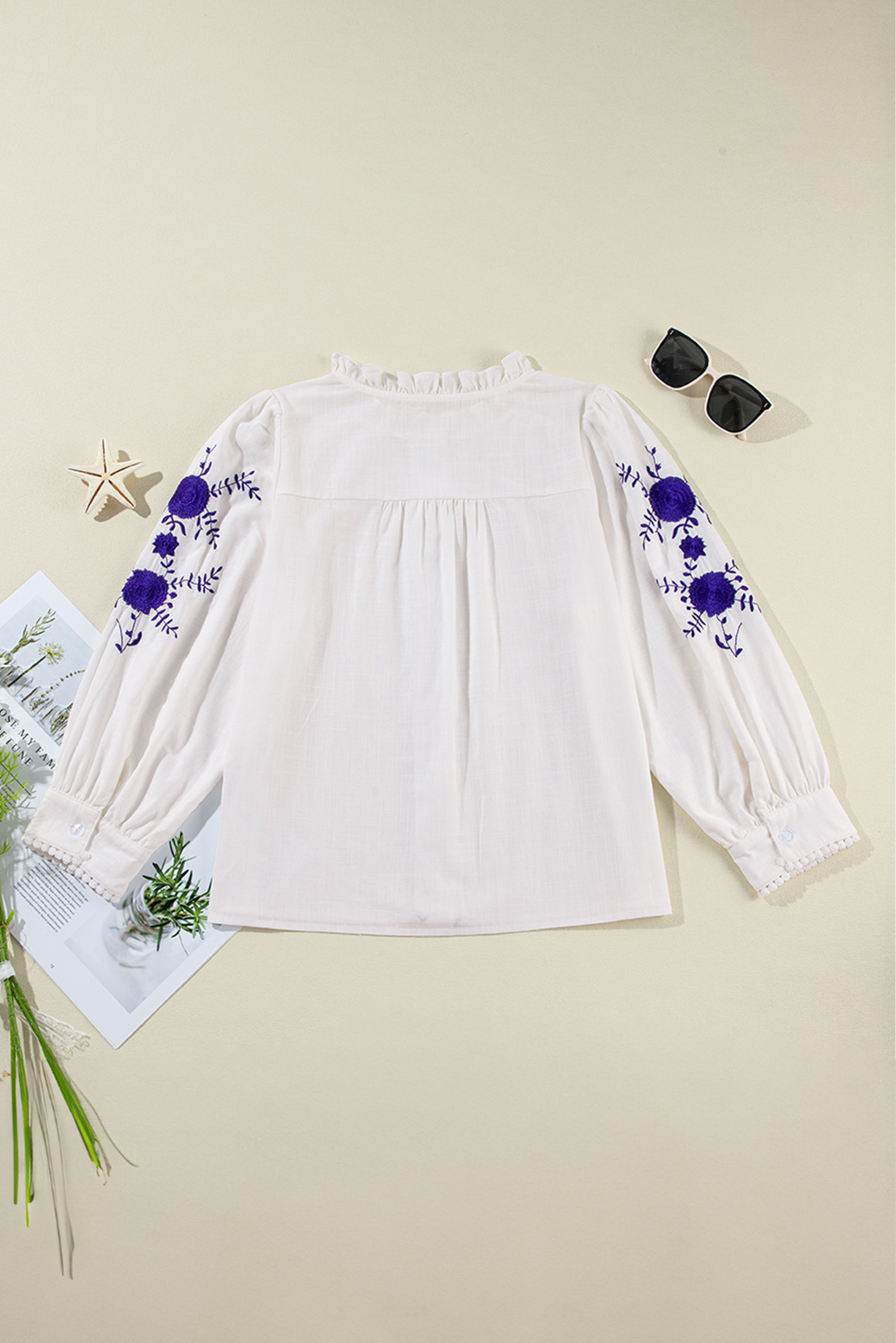 Women's Shirt, Boho Chic, White Floral Pattern, Embroidered Sleeve, Long Sleeve, Casual, Comfortable, Breathable, 100% Cotton, Spring Inspired, Daily Wear, Tops, Blouses & Shirts - Detail View 10 Women's Shirt, Boho Chic, White Floral Pattern, Embroidered Sleeve, Long Sleeve, Casual, Comfortable, Breathable, 100% Cotton, Spring Inspired, Daily Wear, Tops, Blouses & Shirts - Detail View 10