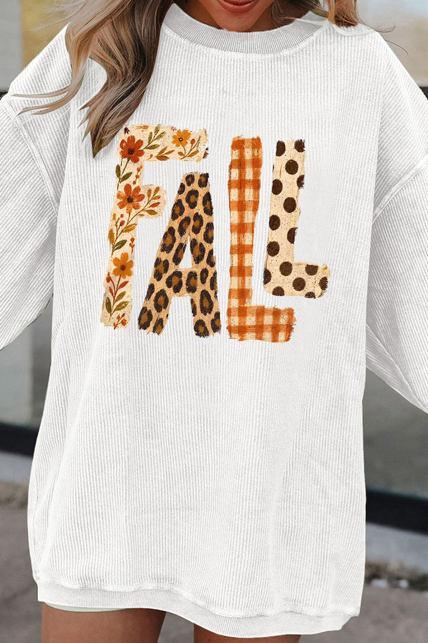 Women's Fall Graphic Sweatshirt, White Long Sleeve Corded Top - Detail View 7 Women's Fall Graphic Sweatshirt, White Long Sleeve Corded Top - Detail View 7