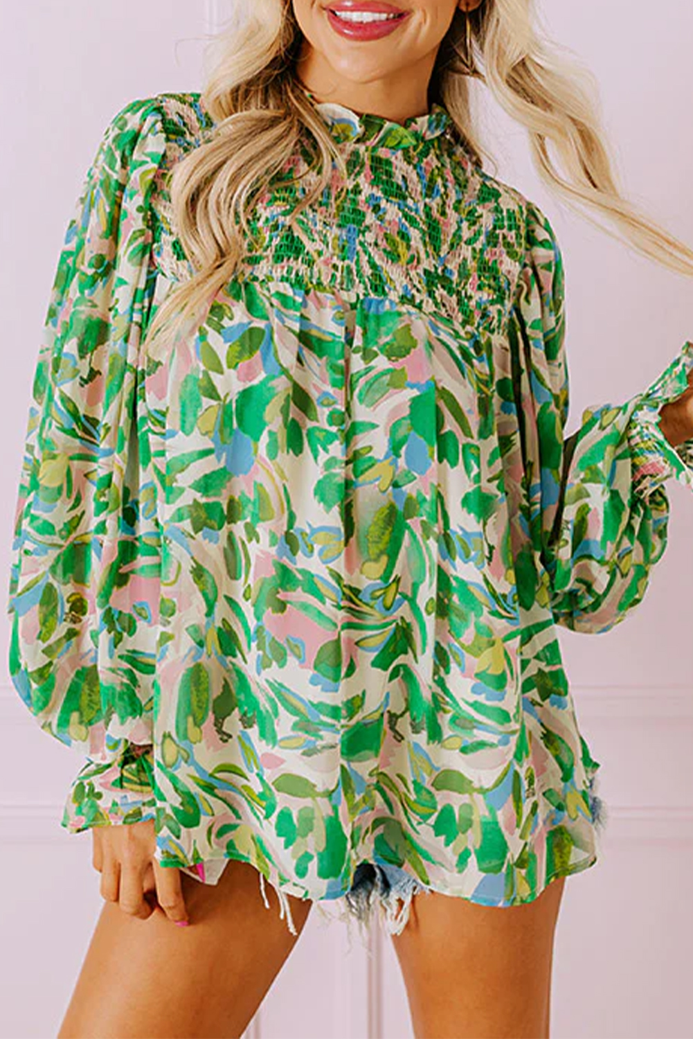 Stylish Long Sleeve Blouse with Ruffle Flounce Sleeves and Mock Neck - Perfect for Spring - Detail View 2 Stylish Long Sleeve Blouse with Ruffle Flounce Sleeves and Mock Neck - Perfect for Spring - Detail View 2