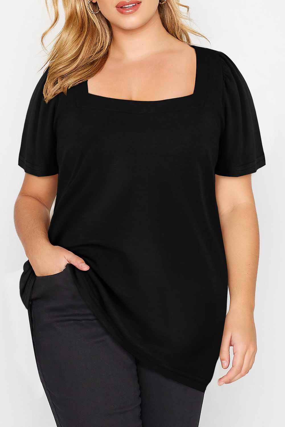 Black Plus Size Square Neck Tee, Casual Short Sleeve Shirt - Detail View 11 Black Plus Size Square Neck Tee, Casual Short Sleeve Shirt - Detail View 11