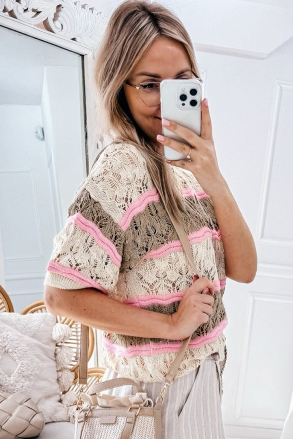 Soft and Chic Summer Knit - Trendy Color Block Brown Stripe Pattern with Half Sleeves - Detail View 3 Soft and Chic Summer Knit - Trendy Color Block Brown Stripe Pattern with Half Sleeves - Detail View 3