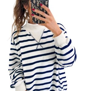 Women's Striped Sweatshirt, Casual Long Sleeve Mock Neck Top - Main View