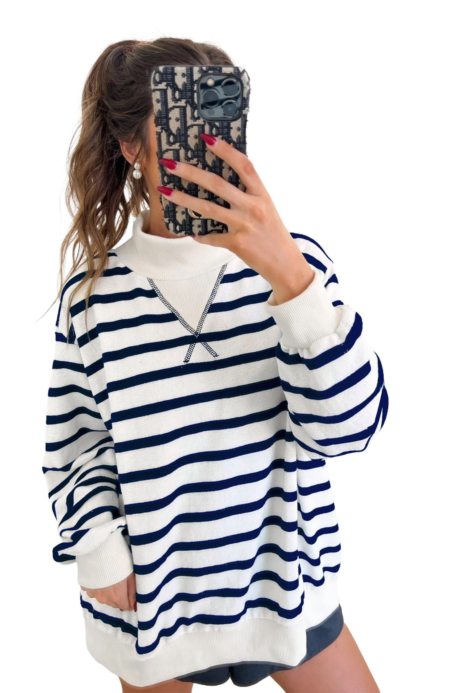 Women's Striped Sweatshirt, Casual Long Sleeve Mock Neck Top - Main View Women's Striped Sweatshirt, Casual Long Sleeve Mock Neck Top - Main View