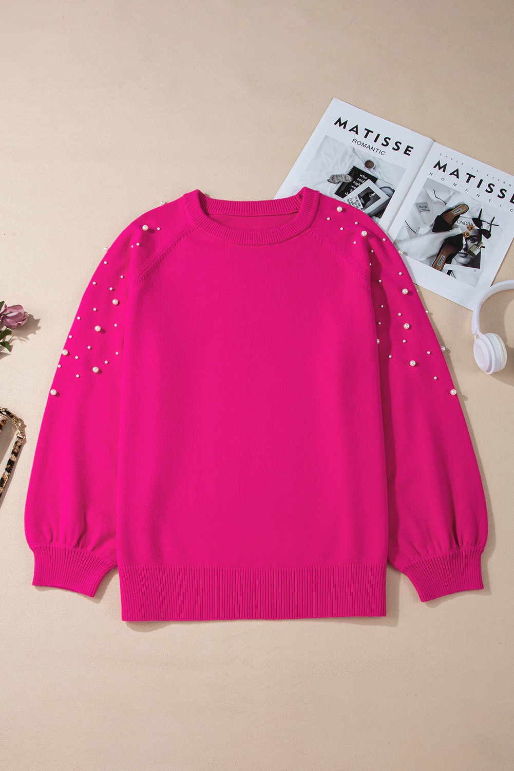 Plus Size Elegant Sweater - Strawberry Pink with Pearled Decor and Raglan Sleeves - Detail View 7 Plus Size Elegant Sweater - Strawberry Pink with Pearled Decor and Raglan Sleeves - Detail View 7