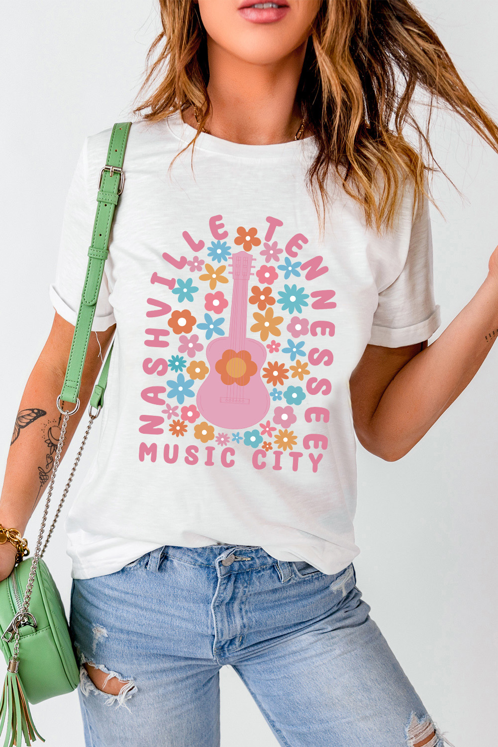 Women's Nashville Guitar T Shirt, Casual Floral Graphic Tee - Detail View 10 Women's Nashville Guitar T Shirt, Casual Floral Graphic Tee - Detail View 10