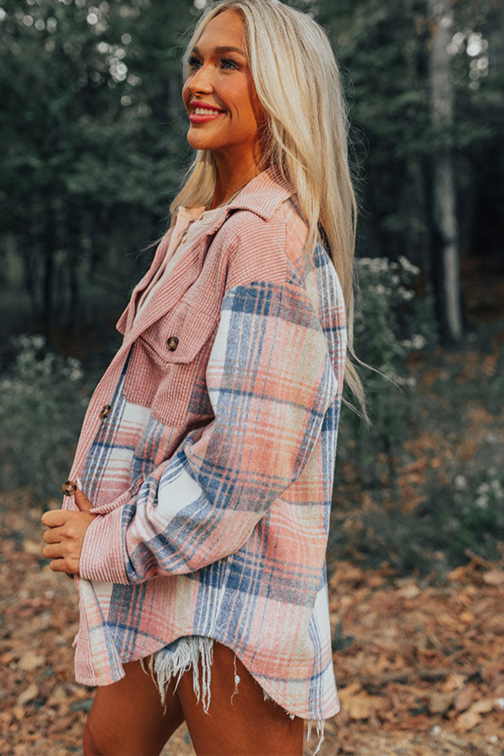 Casual Patchwork Plaid Shacket, Button Down Corduroy Top - Detail View 11 Casual Patchwork Plaid Shacket, Button Down Corduroy Top - Detail View 11