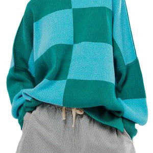 Women's Green Checkered Oversized Sweater with Side Slits Drop Shoulder - Main View