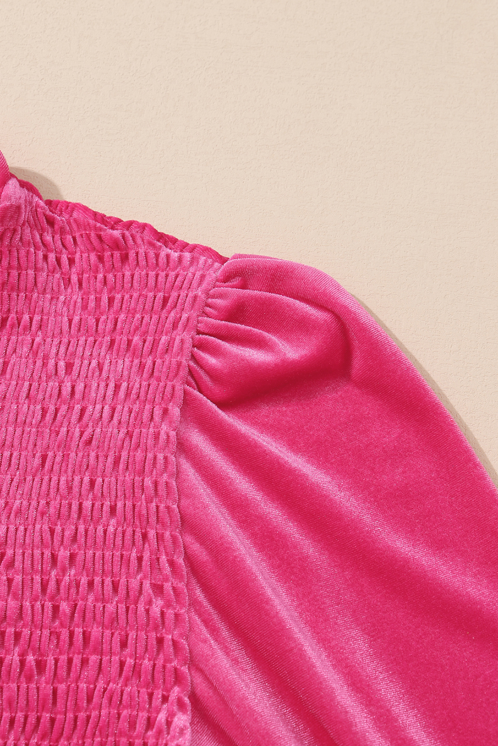 Elegant Velvet Mini Dress, Long Sleeve Smocked Round Neck Fit - Detail View 11 Elegant Velvet Mini Dress, Long Sleeve Smocked Round Neck Fit - Detail View 11
