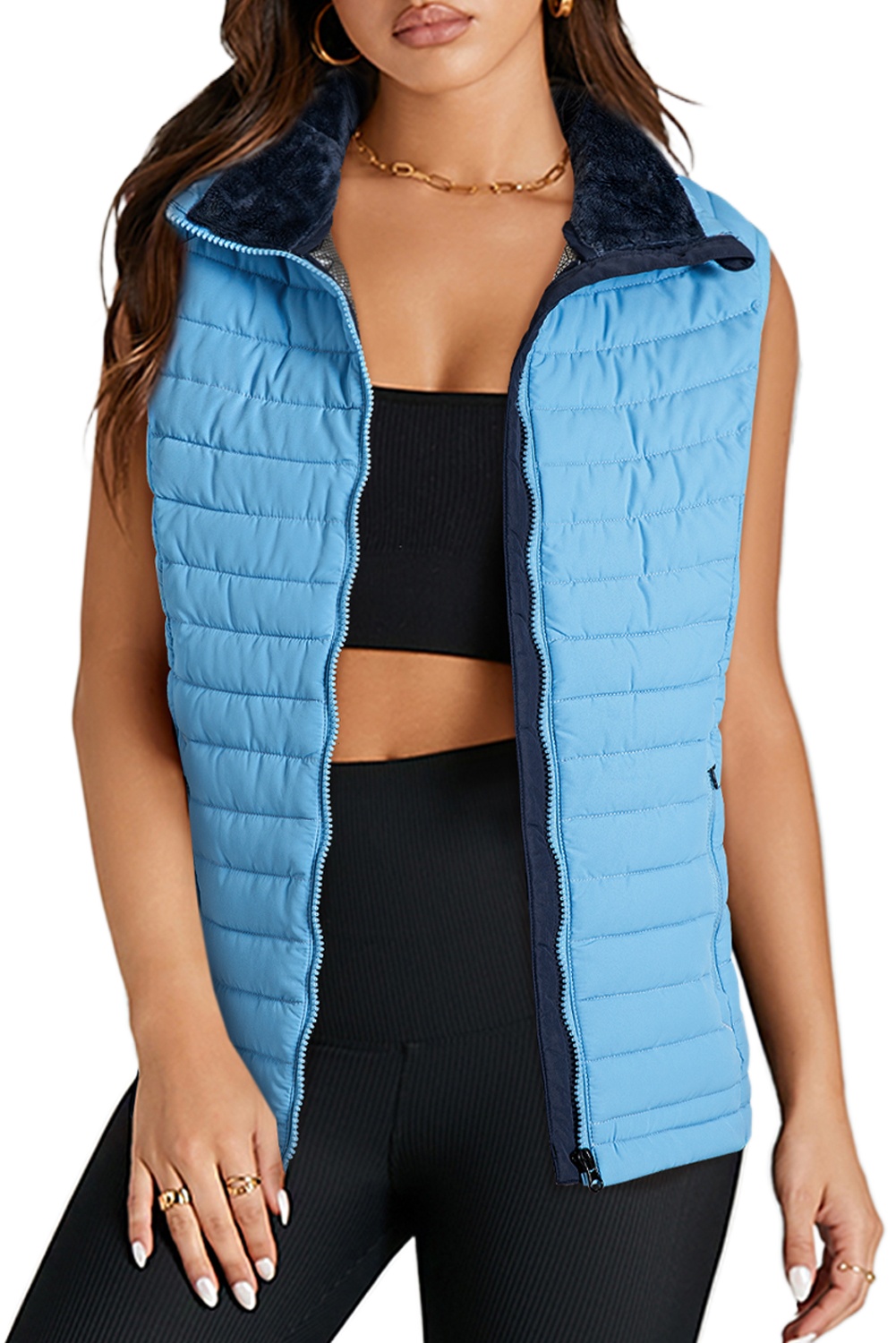 Women's Sky Blue Plush Collared Quilted Zipped Puffer Vest for Winter Style - Main View Women's Sky Blue Plush Collared Quilted Zipped Puffer Vest for Winter Style - Main View