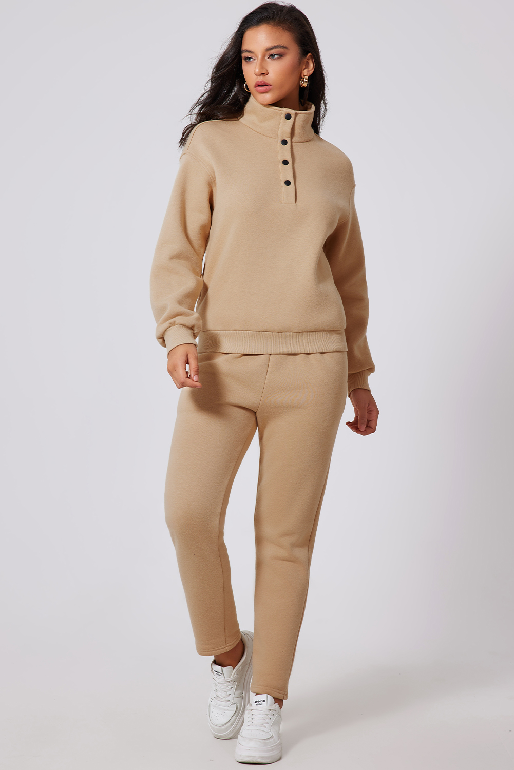 Comfortable and Trendy Women's Active Set - Half Button Sweatshirt and High Waist Sweatpants - Detail View 3 Comfortable and Trendy Women's Active Set - Half Button Sweatshirt and High Waist Sweatpants - Detail View 3