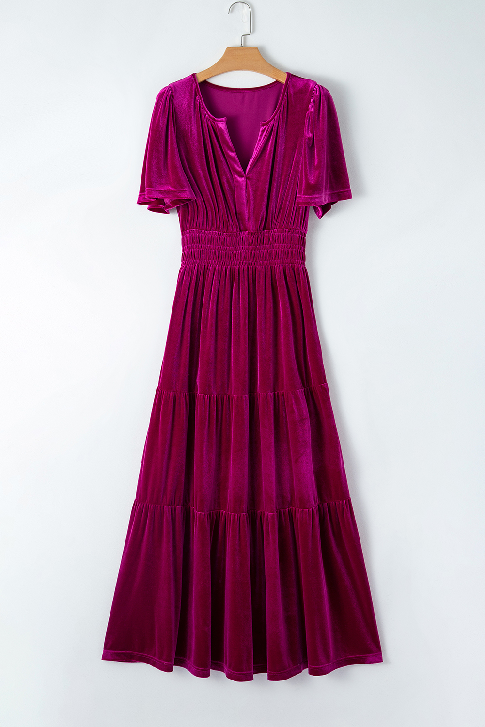Red Hot Velvety Long Maxi Dress with Shirred Waist and Tiered Hem - Detail View 8 Red Hot Velvety Long Maxi Dress with Shirred Waist and Tiered Hem - Detail View 8