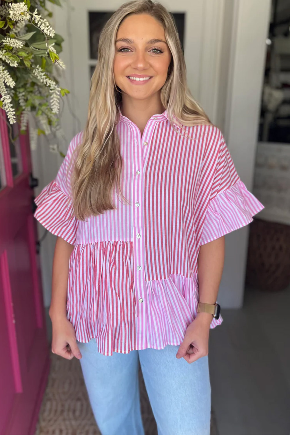 Women's Pink Stripe Blouse, Ruffled Patchwork Button Down - Detail View 4 Women's Pink Stripe Blouse, Ruffled Patchwork Button Down - Detail View 4