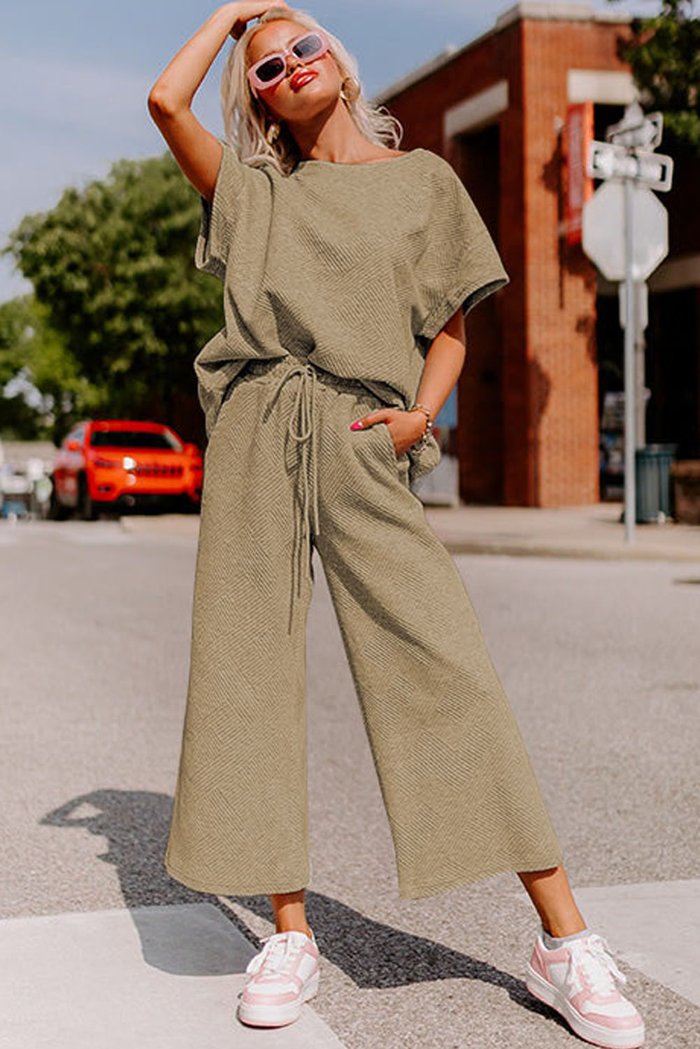 Summer Casual Two Piece Set, Textured Round Neck Lounge Wear - Detail View 6 Summer Casual Two Piece Set, Textured Round Neck Lounge Wear - Detail View 6