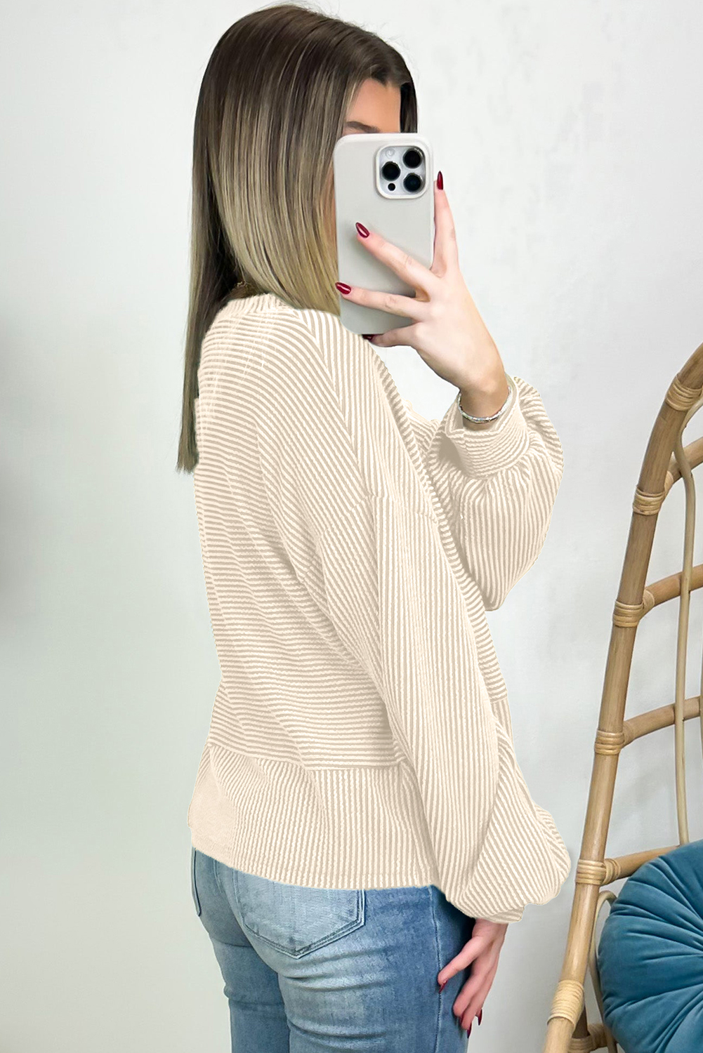 Comfortable and Stylish Apricot Corded Textured Sweatsuit with Lantern Sleeves - Detail View 3 Comfortable and Stylish Apricot Corded Textured Sweatsuit with Lantern Sleeves - Detail View 3