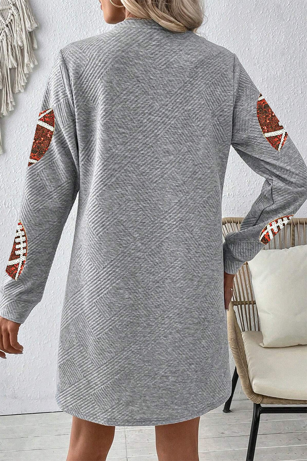 Casual Game Day Shift Dress, Textured Gray Sequin Mini Style - Detail View 2 Casual Game Day Shift Dress, Textured Gray Sequin Mini Style - Detail View 2