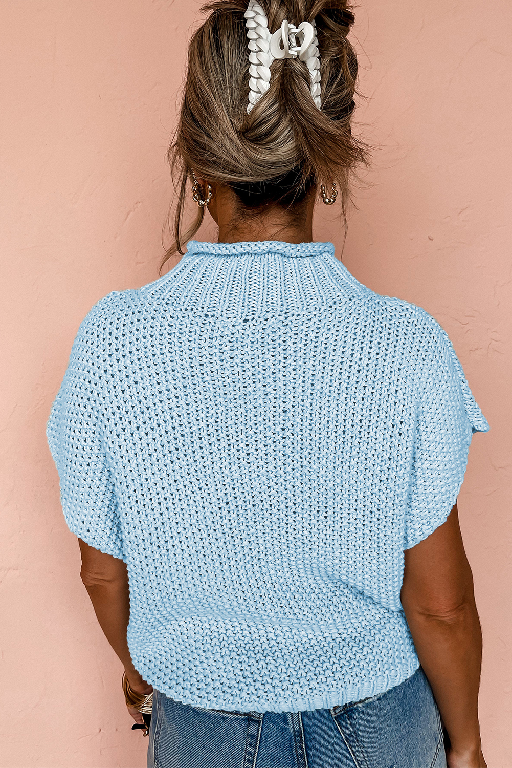Casual Chic Short Sleeve Sweater: Bat Wing Sleeves and High Neckline for a Sophisticated Look - Detail View 2 Casual Chic Short Sleeve Sweater: Bat Wing Sleeves and High Neckline for a Sophisticated Look - Detail View 2