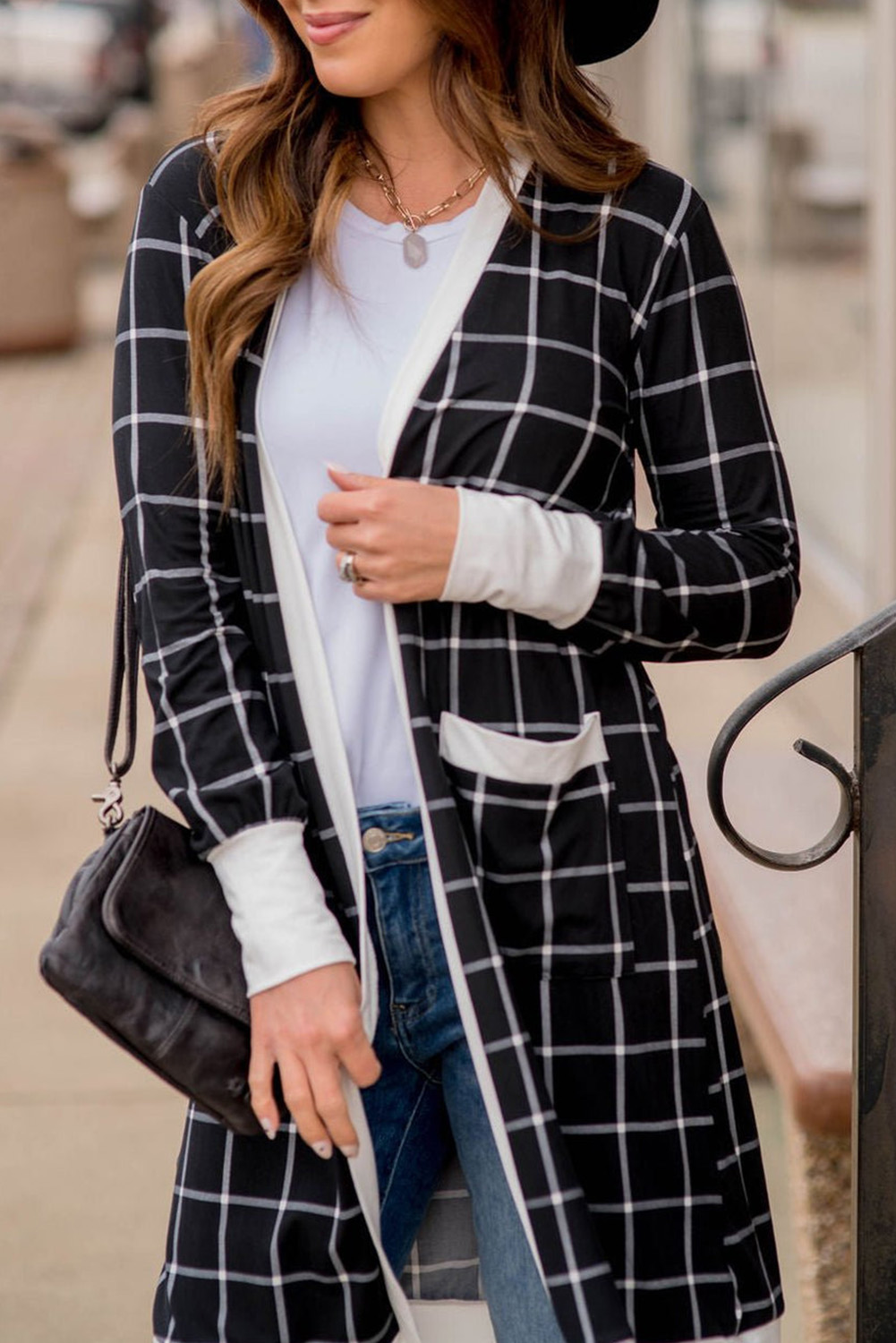 Cozy and Stylish Open Front Cardigan for Fall - Black Plaid with Pockets - Detail View 2 Cozy and Stylish Open Front Cardigan for Fall - Black Plaid with Pockets - Detail View 2