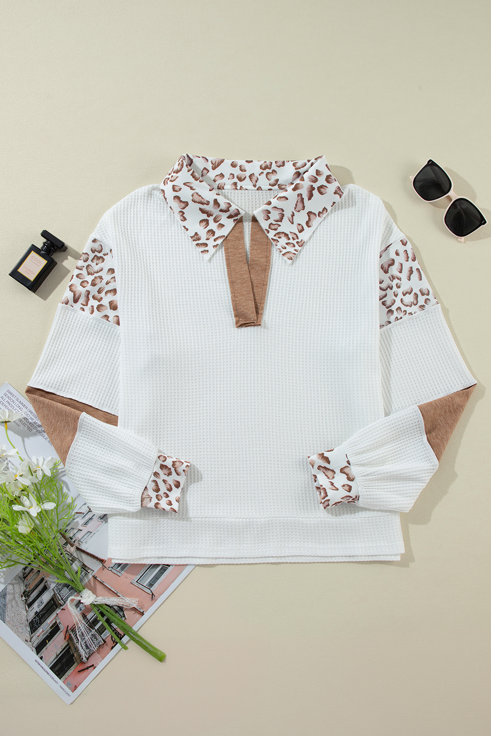 Chic Long Sleeve V-Neck Collar Top: White with Leopard Patchwork - Detail View 12 Chic Long Sleeve V-Neck Collar Top: White with Leopard Patchwork - Detail View 12