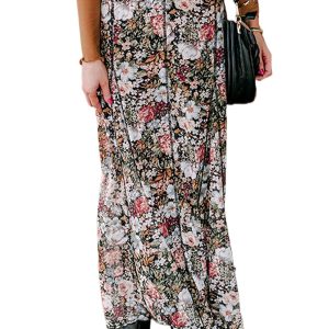 Women's Brown Floral Print High Waist Maxi Skirt - Elegant Flowy Design - Main View