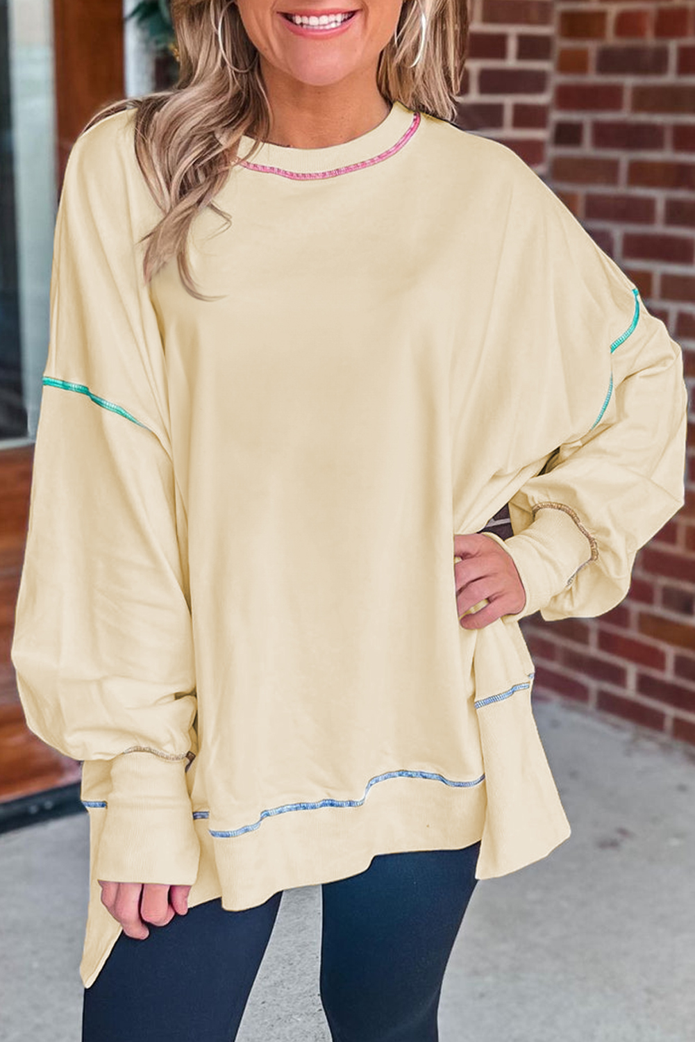 Women's Baggy Round Neck Pullover, Soft Yellow Fall Shirt - Detail View 2 Women's Baggy Round Neck Pullover, Soft Yellow Fall Shirt - Detail View 2