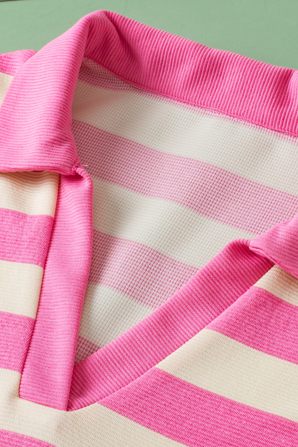 Pink Striped Polo Shirt, Women's Casual V Neck Blouse - Detail View 5 Pink Striped Polo Shirt, Women's Casual V Neck Blouse - Detail View 5
