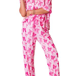 Chic Pink Bow Knot Print Lapel Collar Short Sleeve Pajamas Set for Women - Main View