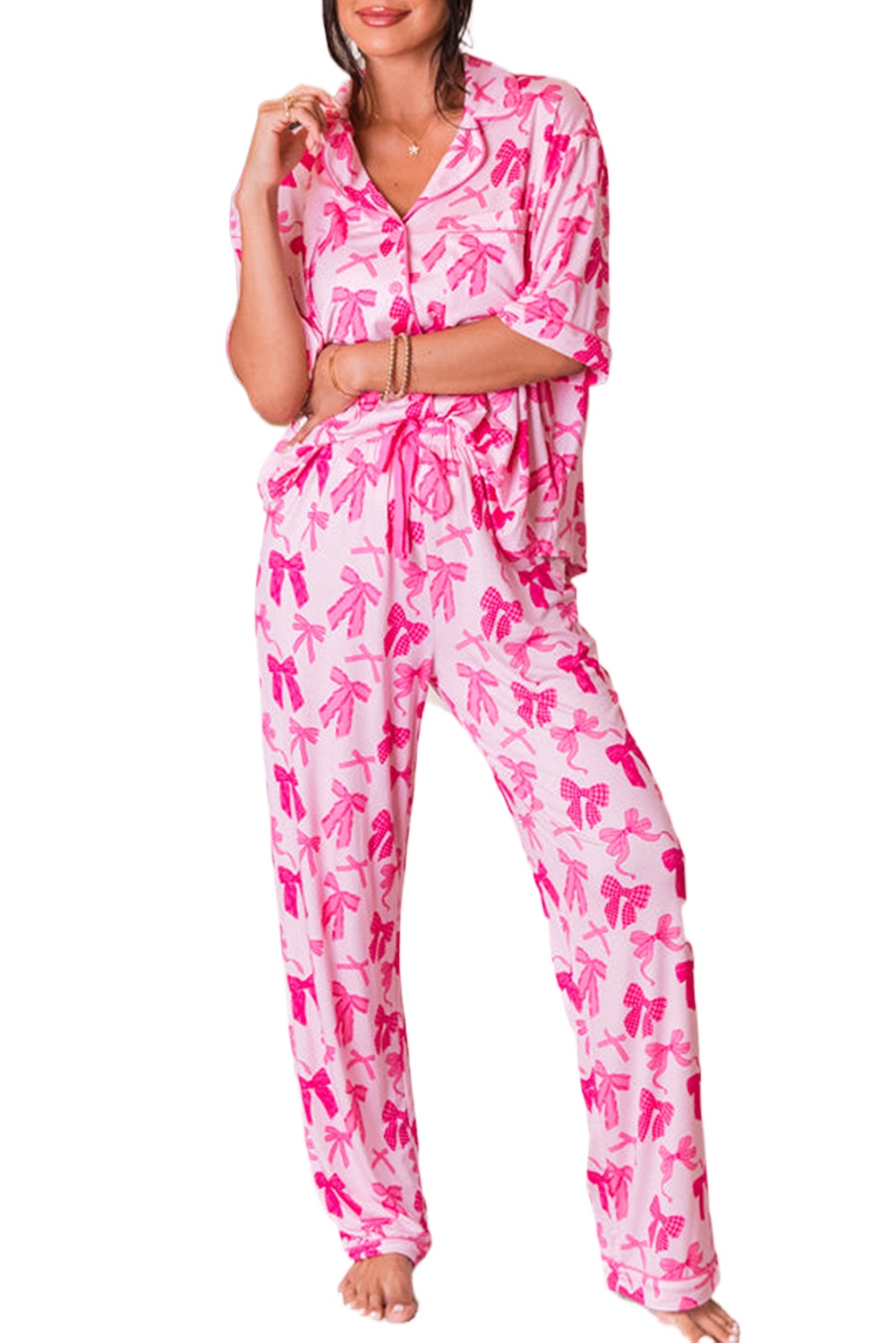 Chic Pink Bow Knot Print Lapel Collar Short Sleeve Pajamas Set for Women - Main View Chic Pink Bow Knot Print Lapel Collar Short Sleeve Pajamas Set for Women - Main View
