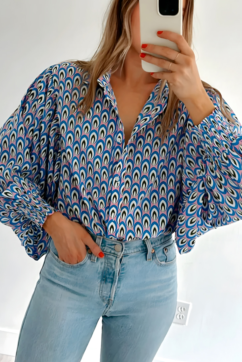 Chic and Comfortable Long Sleeve Sky Blue Shirt with Abstract Design - Detail View 2 Chic and Comfortable Long Sleeve Sky Blue Shirt with Abstract Design - Detail View 2
