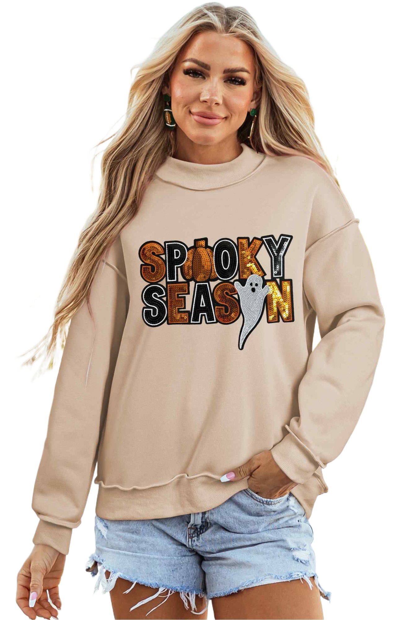 Women's Sequin Halloween Sweatshirt, Apricot Mock Neck Top - Main View Women's Sequin Halloween Sweatshirt, Apricot Mock Neck Top - Main View