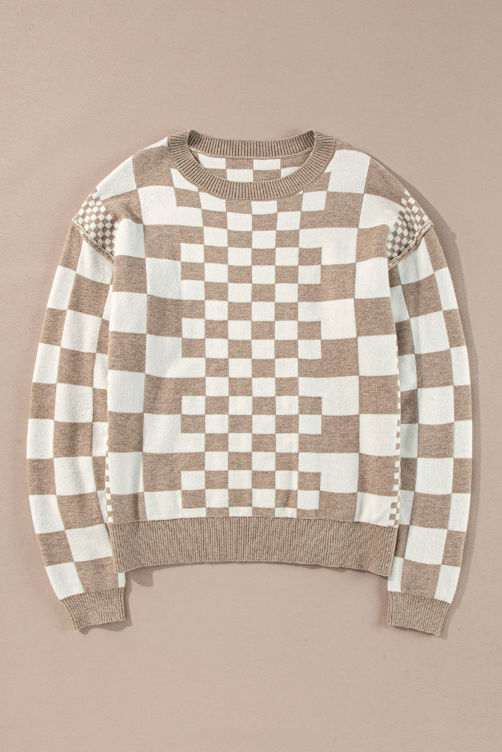 Women's Plaid Print Drop Shoulder Sweater, Cozy Round Neck - Detail View 8 Women's Plaid Print Drop Shoulder Sweater, Cozy Round Neck - Detail View 8