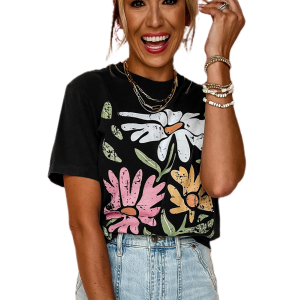 Women's Black Retro Floral Print Crew Neck Casual T-Shirt - Main View